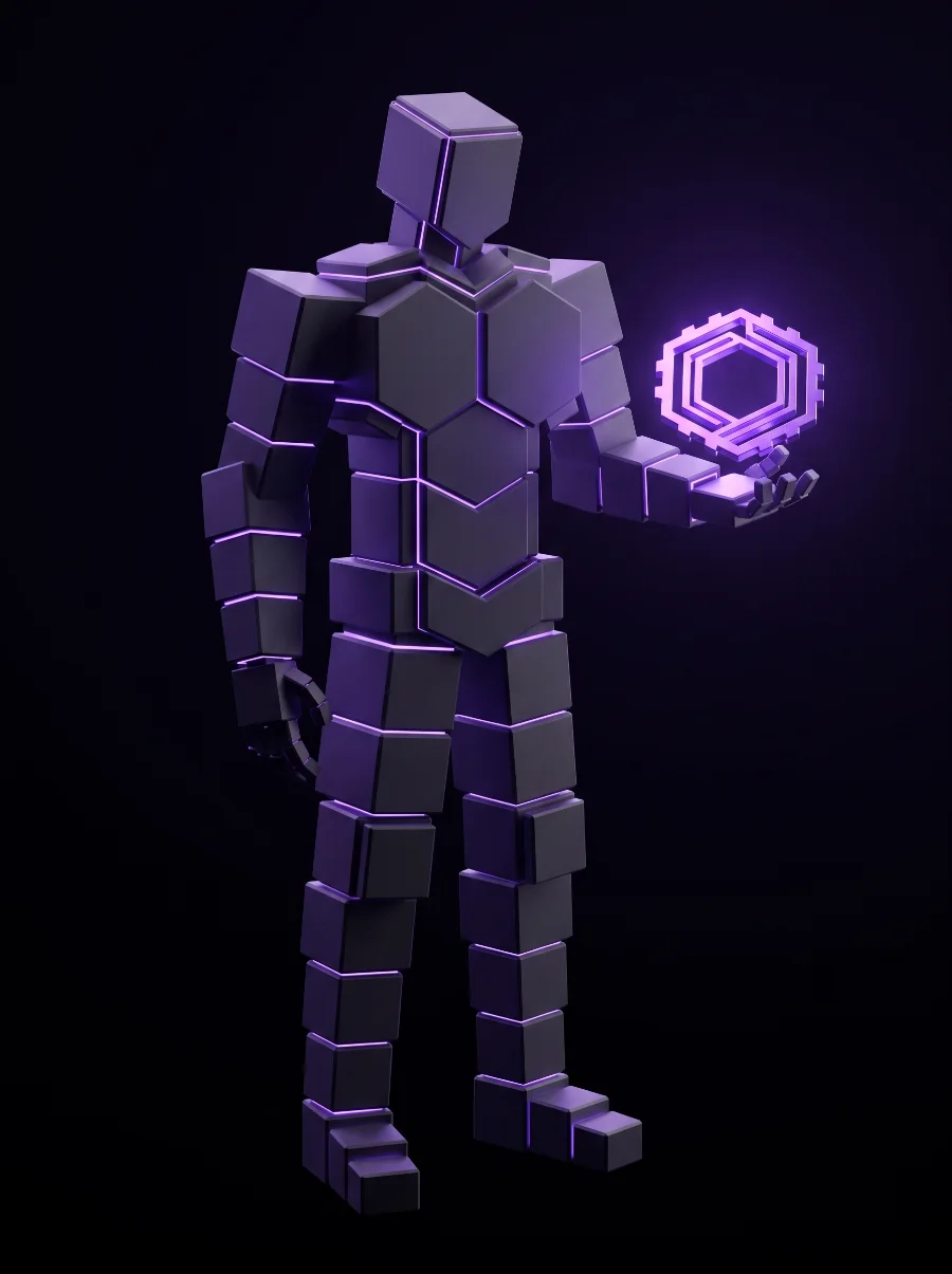 The Architect: a figure assembled from stacked isometric blocks, standing still and holding a glowing crenellated hexagonal ring at arm's length.