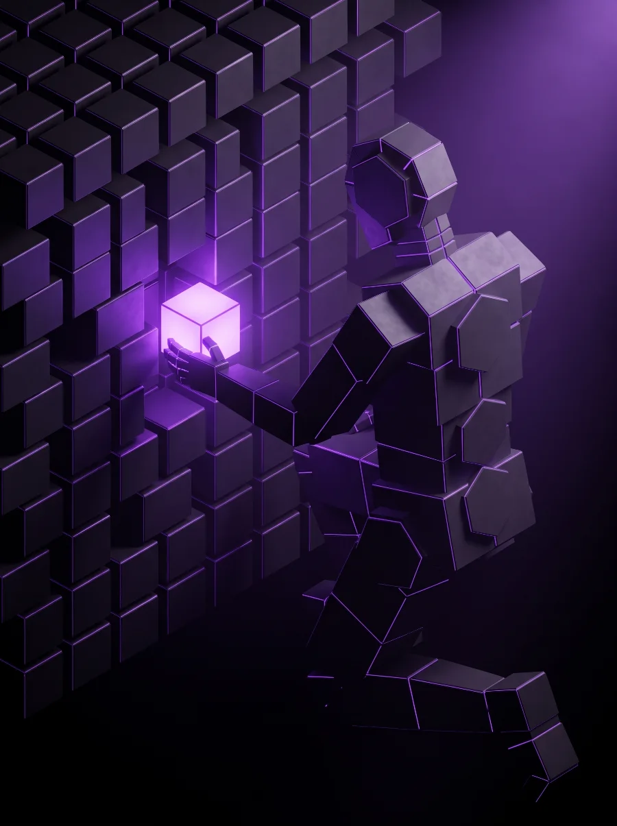 The Builder: a kneeling block-built figure setting a single glowing cube into a lattice wall of dark cubes.