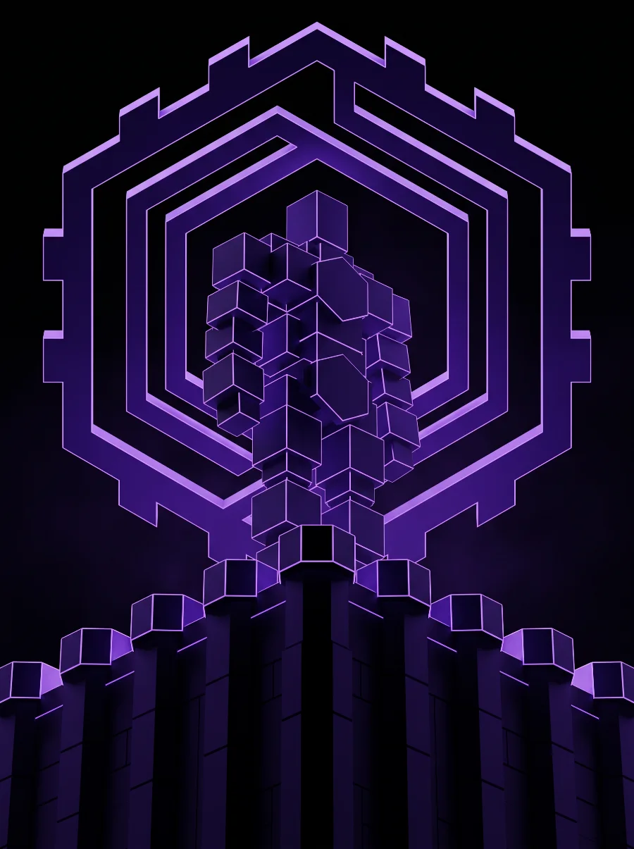 The Warden: a vast crenellated hexagonal ring standing above a battlemented wall of cubes, holding the line in the dark.